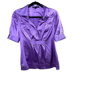 BCBGMaxAzria Purple 100% Silk Short Sleeve Blouse Size Medium